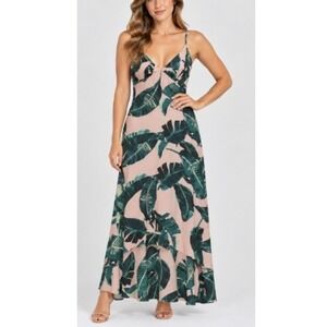 SugarLips Women Pink Tropical Palm Print V-Neck High Low Maxi Dress Size M